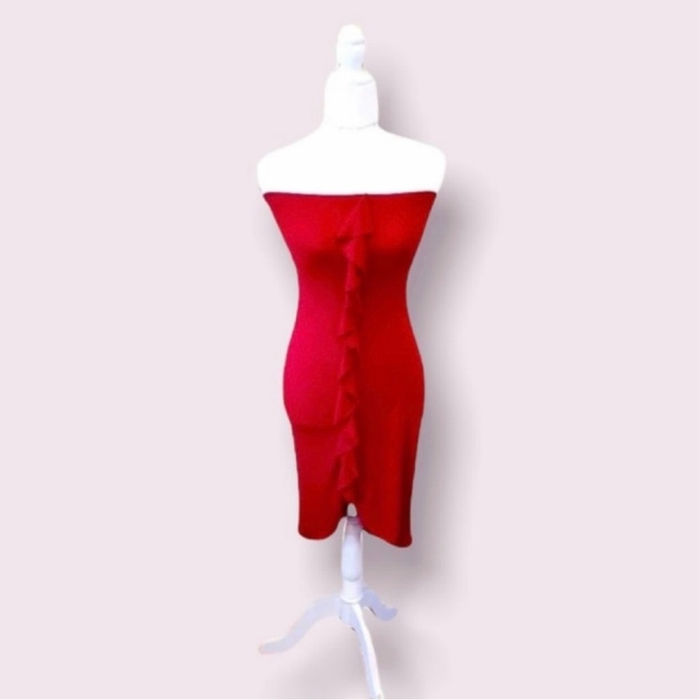 VTG Y2K Wet Seal Red Strapless Bodycon Ruffle Dress Size Small